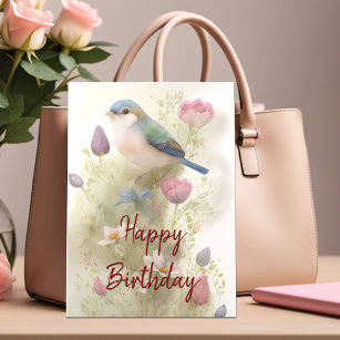 Tarjeta Blue Bird Spring Flowers Watercolor Birthday