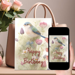 Tarjeta Blue Bird Spring Flowers Watercolor Birthday