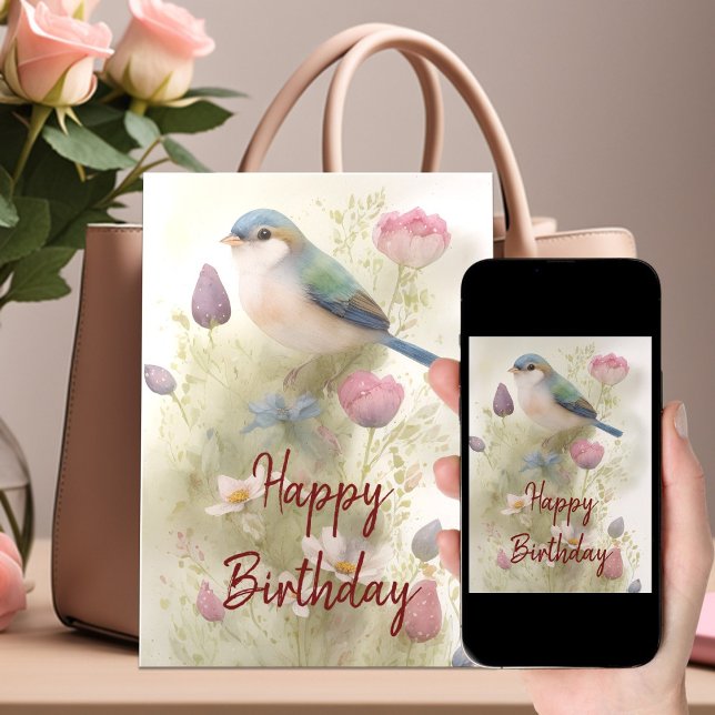 Tarjeta Blue Bird Spring Flowers Watercolor Birthday (Subido por el creador)