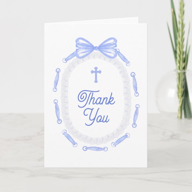 Tarjeta Blue Bow Frame Holy Cross Religious Thank You (Anverso)
