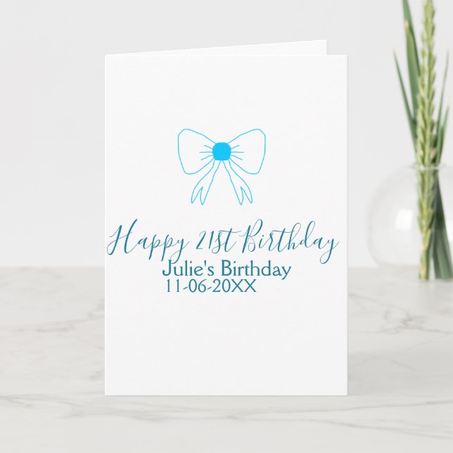 Tarjeta Blue bow happy 21ᵉʳ cumpleaños date (Anverso)