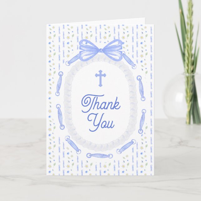 Tarjeta Blue Bow Ribbon Frame Floral Religious Thank You (Anverso)