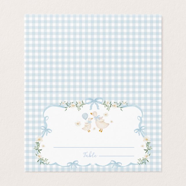 Tarjeta Blue Bow Silly Goose Boy Baby Shower Place Cards (Exterior desplegado)