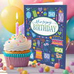 Tarjeta Blue Bright Pastel Icons 50th Birthday Card<br><div class="desc">Una brillante tarjeta de 50 años de color pastel y marina llena de todo lo relacionado con el cumpleaños y el fiesta. Pasteles,  regalos,  globos,  flores y gorras fiestas llenan la tarjeta y también forman el borde inferior en el interior de la tarjeta.</div>