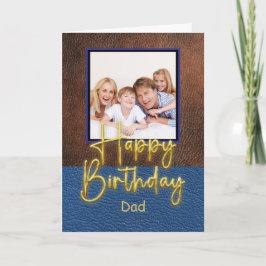 Tarjeta Blue & Brown leather Gold Script Dad Birthday