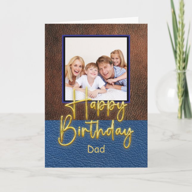 Tarjeta Blue & Brown leather Gold Script Dad Birthday (Anverso)
