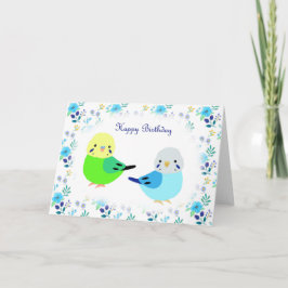 Tarjeta Blue Budgie Green Budgie Floral Happy Birday