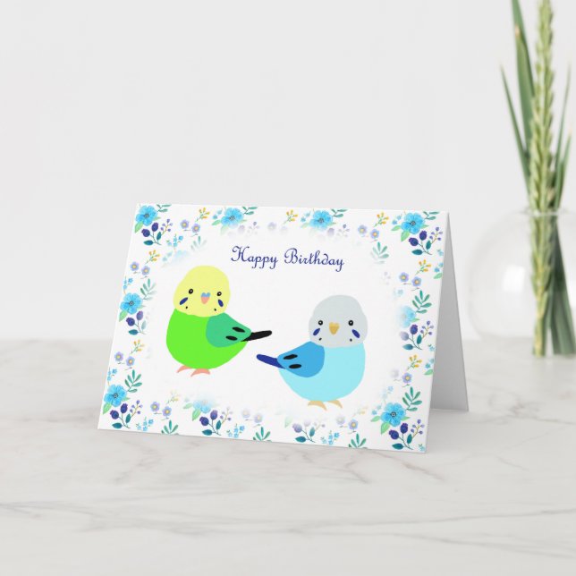 Tarjeta Blue Budgie Green Budgie Floral Happy Birday (Anverso)