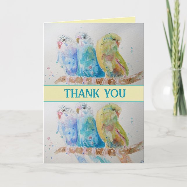 Tarjeta Blue Budgies Watercolor Gracias Budgie Aqua (Anverso)