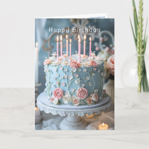 Tarjeta Blue Cake Rosa and Candles Feliz cumpleaños