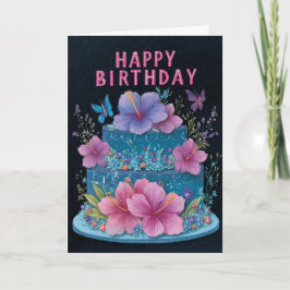Tarjeta Blue Cake with Pink Hibiscus Birthday Greeting Car