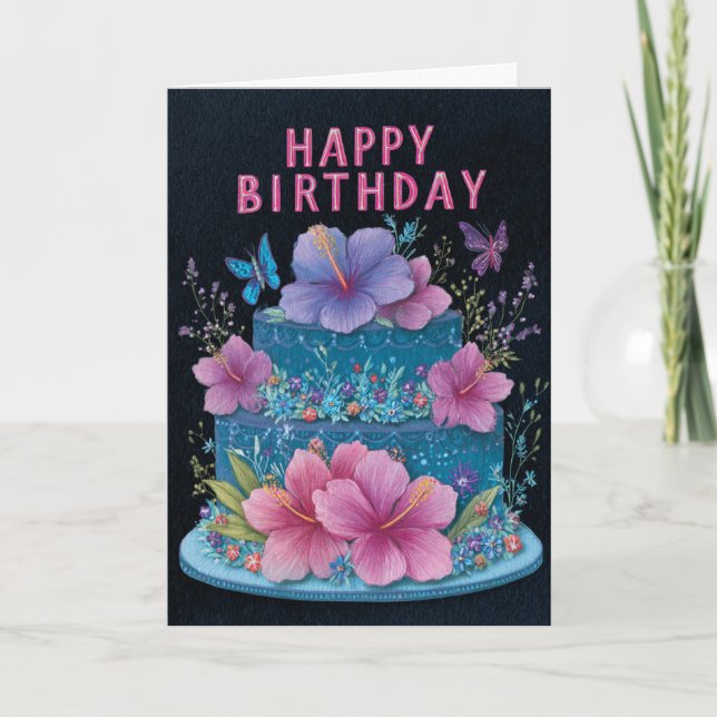 Tarjeta Blue Cake with Pink Hibiscus Birthday Greeting Car (Anverso)