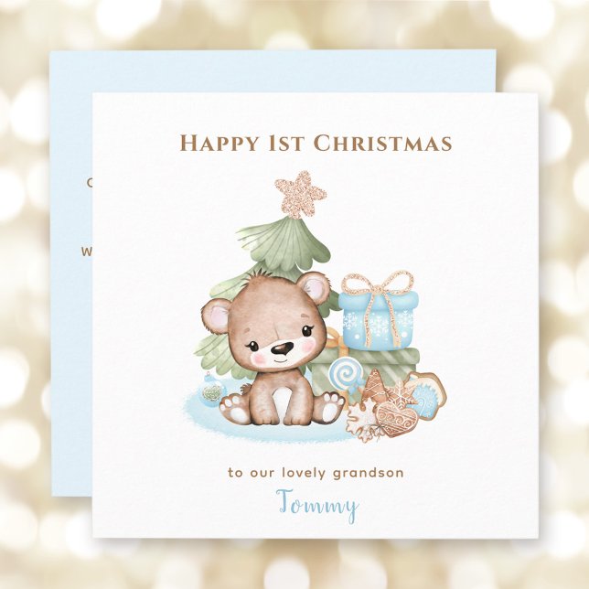 Tarjeta Blue Cute Teddy Bear Boy Primera Navidad (Blue Cute Teddy Bear Boy First Christmas Card)