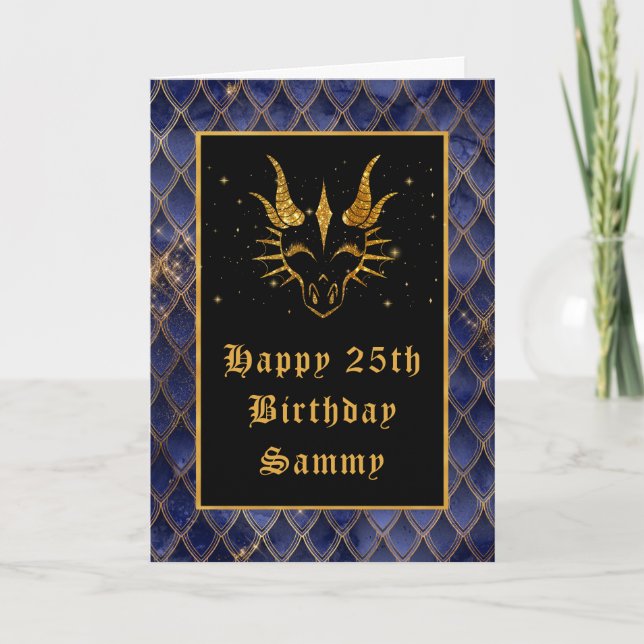 Tarjeta Blue Dragon escalas Faux Purpurina Feliz cumpleaño (Anverso)