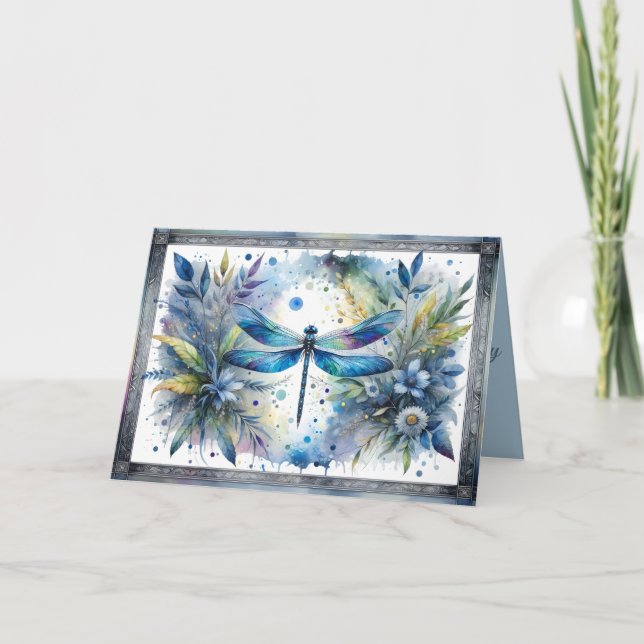 Tarjeta Blue Dragonfly Botanical Watercolor (Anverso)