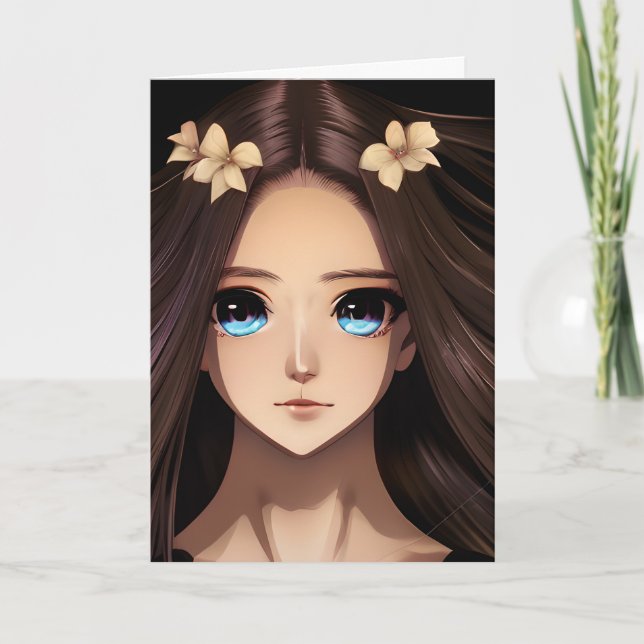 Tarjeta Blue Eyed Brunette Anime Chica Cumpleaños (Anverso)