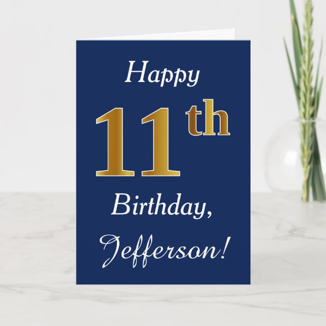Tarjeta Blue, Faux Gold 11th Birthday + Custom Name (Anverso)