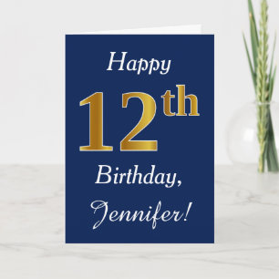 Tarjeta Blue, Faux Gold 12th Birthday + Custom Name
