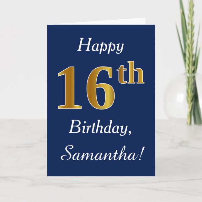 Tarjeta Blue, Faux Gold 16th Birthday + Custom Name (Anverso)