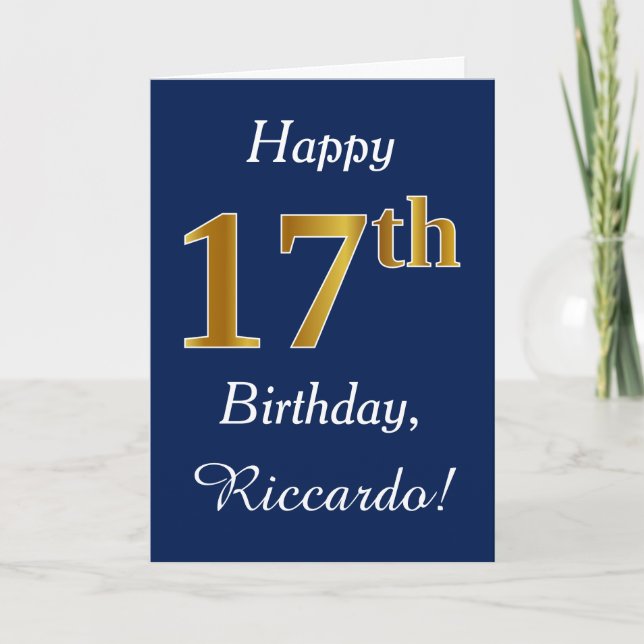 Tarjeta Blue, Faux Gold 17th Birthday + Custom Name (Anverso)