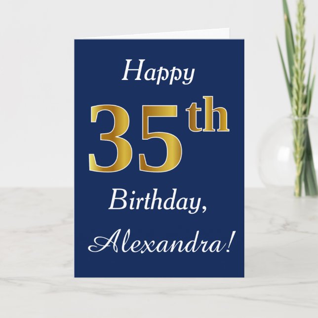 Tarjeta Blue, Faux Gold 35th Birthday + Custom Name (Anverso)