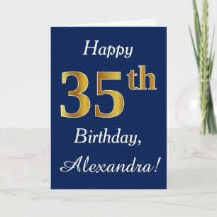 Tarjeta Blue, Faux Gold 35th Birthday + Custom Name
