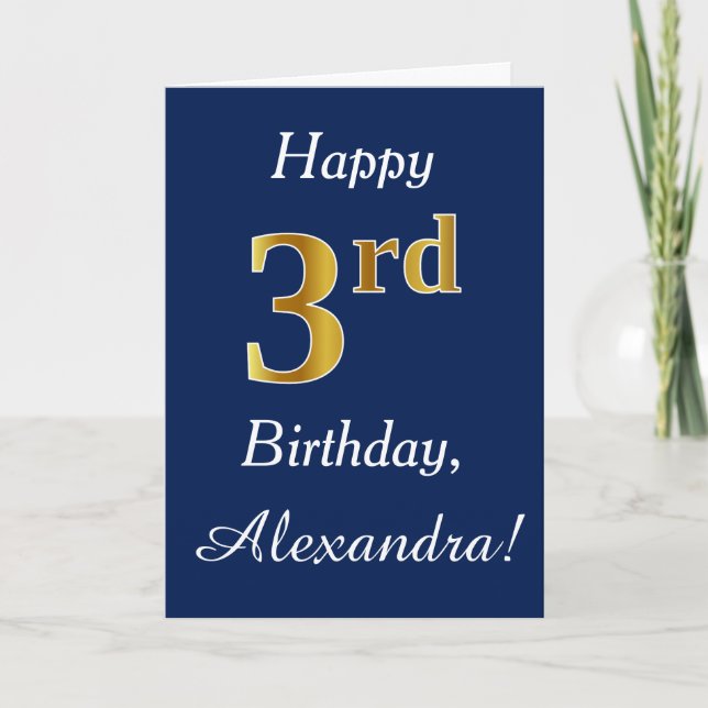 Tarjeta Blue, Faux Gold 3Birthday + Nombre personalizado (Anverso)