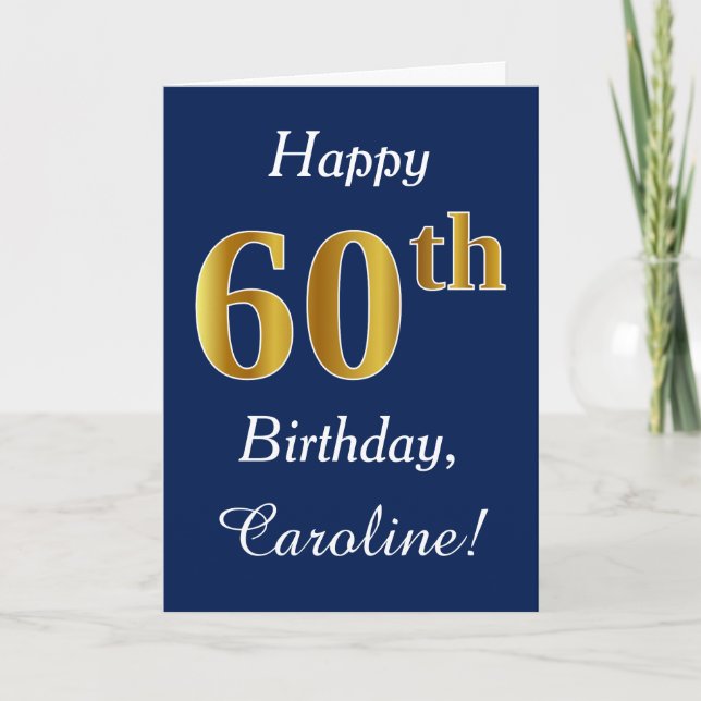 Tarjeta Blue, Faux Gold 60th Birthday + Custom Name (Anverso)