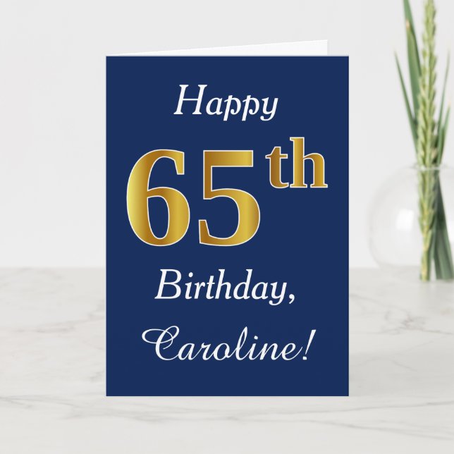 Tarjeta Blue, Faux Gold 65th Birthday + Custom Name (Anverso)