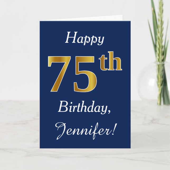 Tarjeta Blue, Faux Gold 75th Birthday + Custom Name (Anverso)