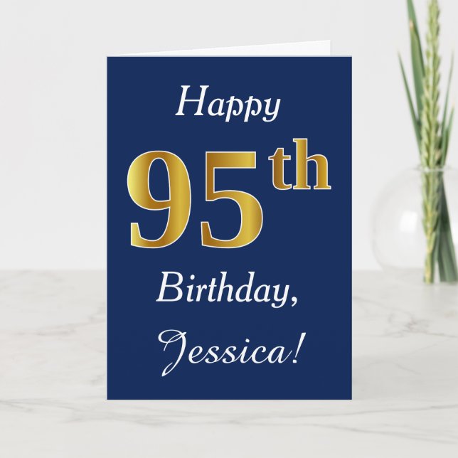 Tarjeta Blue, Faux Gold 95th Birthday + Custom Name (Anverso)