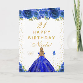 Tarjeta Blue Floral Blonde Hair Girl Birthday