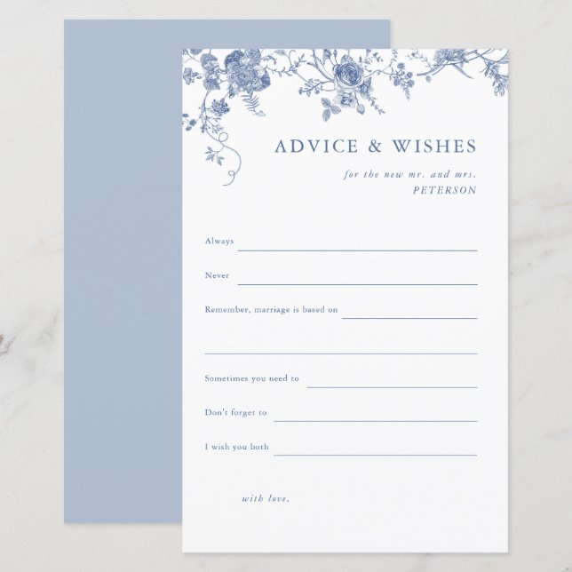 Tarjeta Blue Floral Bridal Shower Consejos y Deseo (Anverso / Reverso)