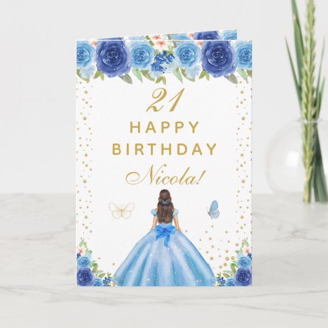 Tarjeta Blue Floral Brunette Hair Girl Birthday (Anverso)