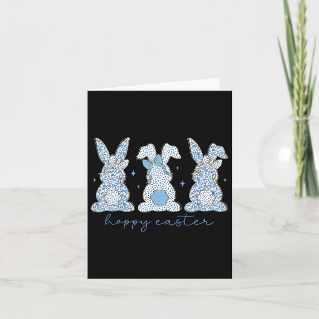 Tarjeta Blue Floral Chinoiserie Happy Easter Three Bunny C (Anverso)