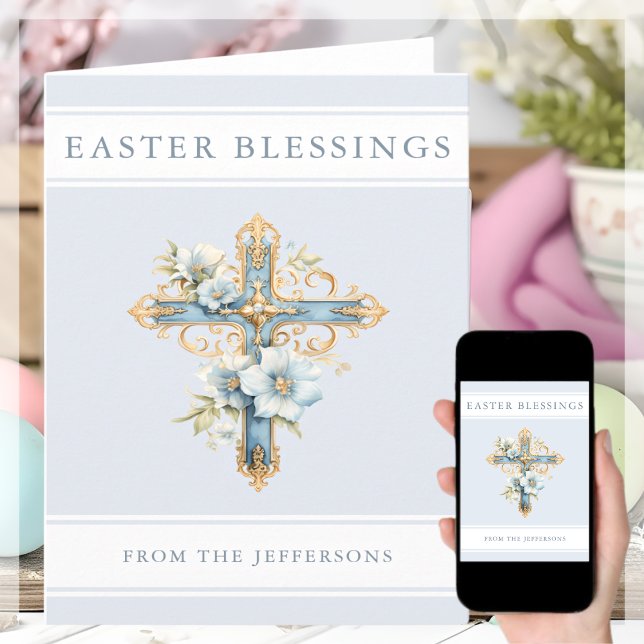 Tarjeta Blue Floral Cross Religious Easter Blessings (Subido por el creador)
