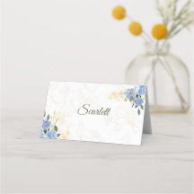 Tarjeta Blue Floral Gold Marble plegado Place Card