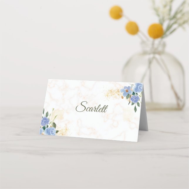 Tarjeta Blue Floral Gold Marble plegado Place Card (Anverso)
