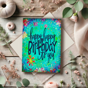 Tarjeta Blue Floral Happy Happy Birthday Fun Colorous