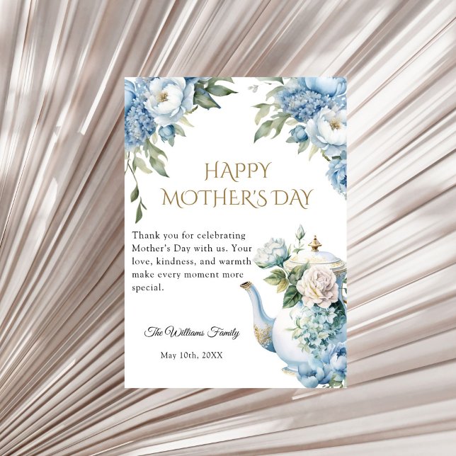 Tarjeta Blue Floral Mother's Day Tea Party Thank you (Elegant Blue Floral Teapot Mother's Day Thank you card)