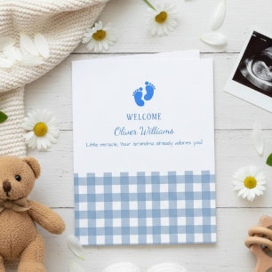 Tarjeta Blue Gingham Personalized Baby Welcome Card 