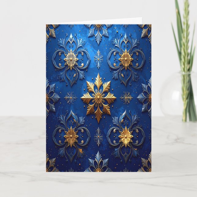Tarjeta Blue Gold Decorative Holiday Card (Anverso)