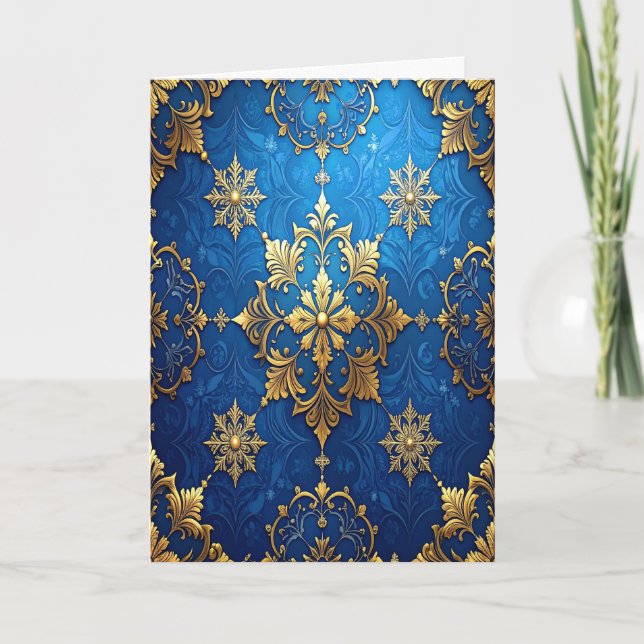 Tarjeta Blue Gold Decorative Holiday Card (Anverso)