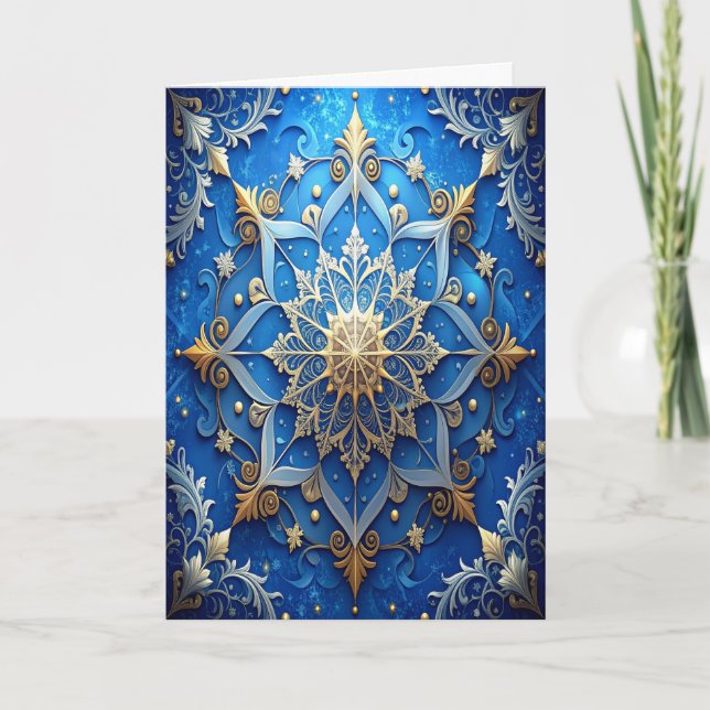 Tarjeta Blue Gold Decorative Holiday Card (Anverso)