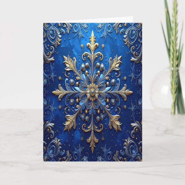 Tarjeta Blue Gold Decorative Holiday Card (Anverso)