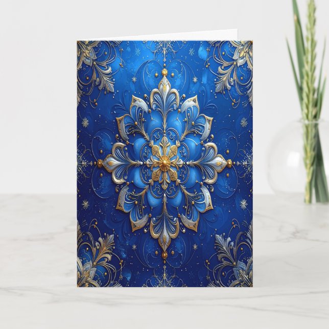 Tarjeta Blue Gold Decorative Holiday Card (Anverso)