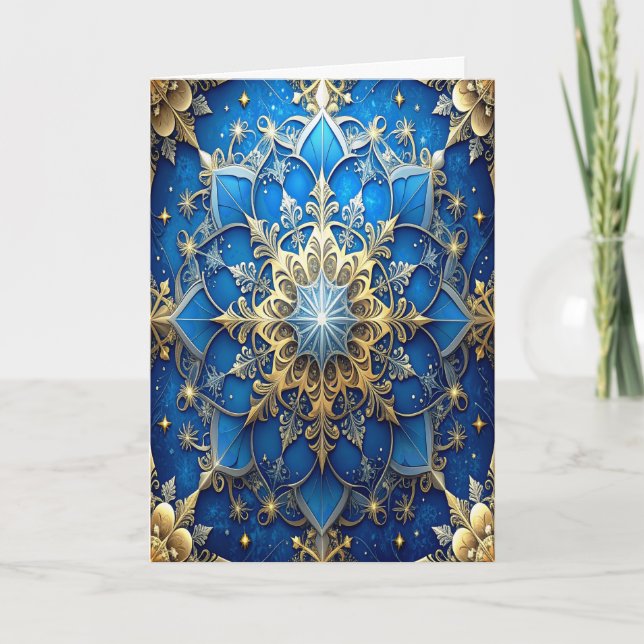 Tarjeta Blue Gold Decorative Holiday Card (Anverso)