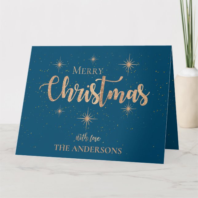 Tarjeta Blue Gold Stars Typography Name Merry Christmas (Anverso)