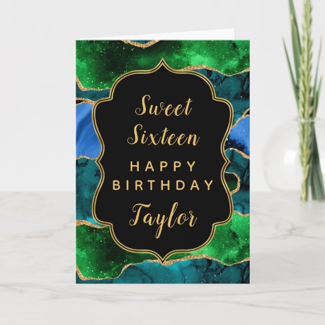 Tarjeta Blue Green Peacock Agate Sweet 16 Happy Birthday (Anverso)