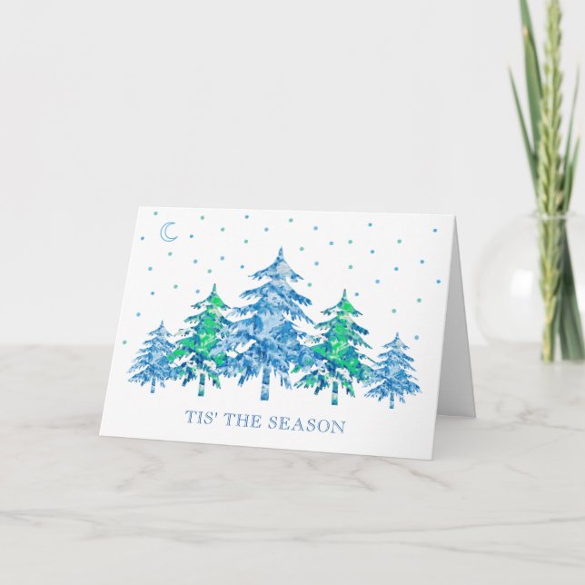 Tarjeta Blue Green Pine Tree Winter T'is the Season Xmas (Anverso)